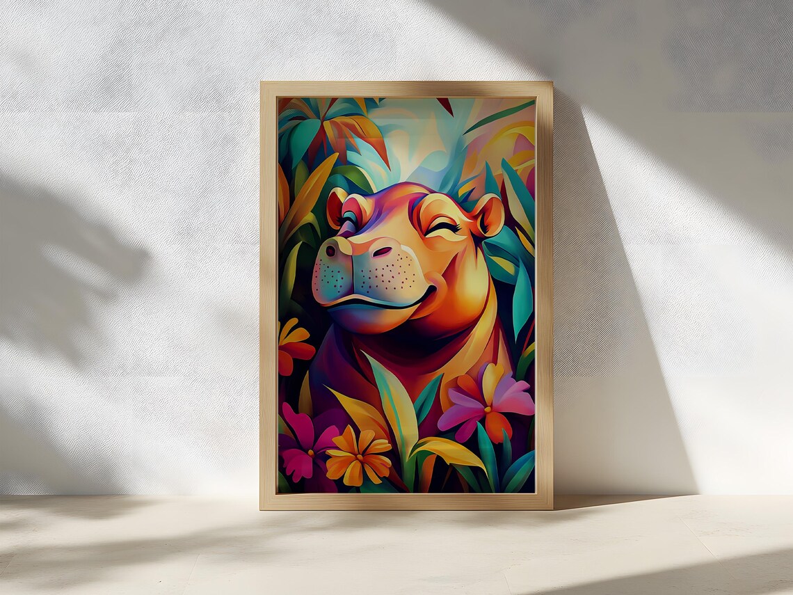 Smiling Hippo in a Colorful Jungle Tropical Flower Animal Poster - Image 2