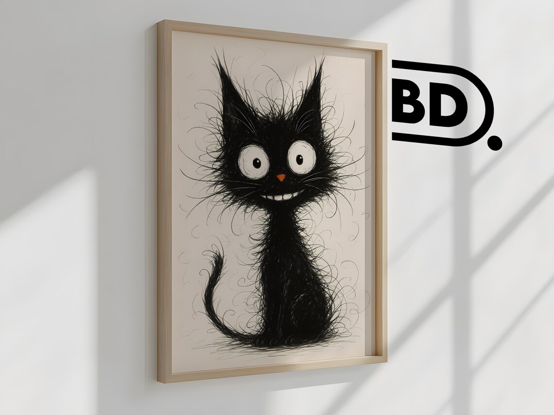 Grinning Scruffy Black Cat Quirky Ink Sketch Illustration Wall Art - Image 2