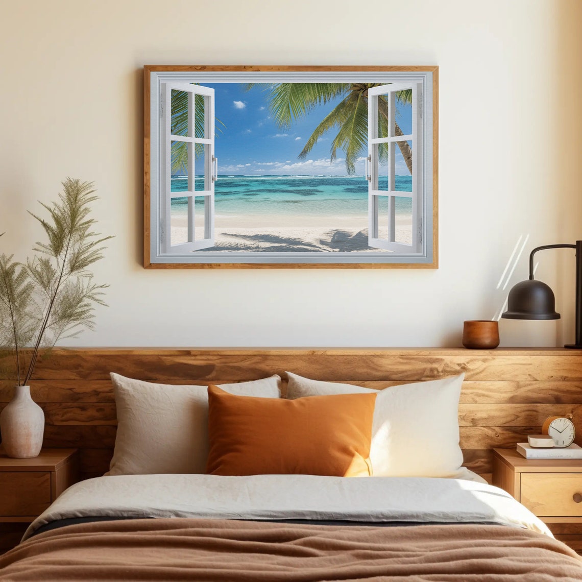 Caribbean Beach Palms Through Open White Window Tropical View Poster - Image 4