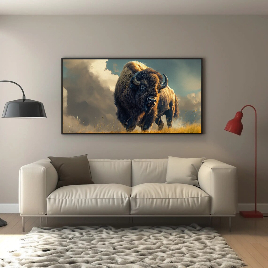 American Bison On Golden Prairie Under Stormy Sky Wildlife Poster - Image 3