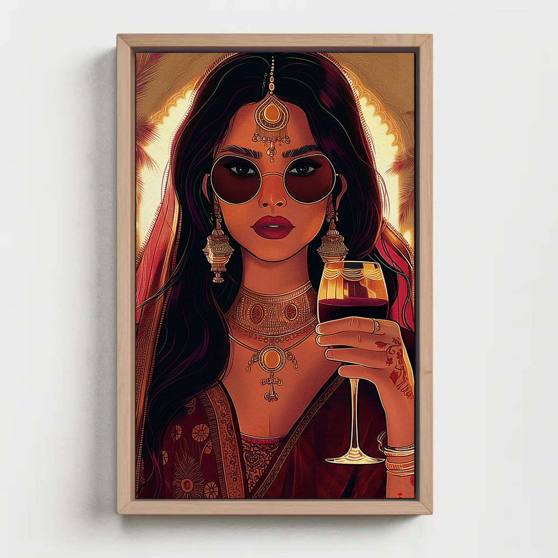 Indian Woman In Saree Holding Wine Modern Desi Illustration Poster - Image 4