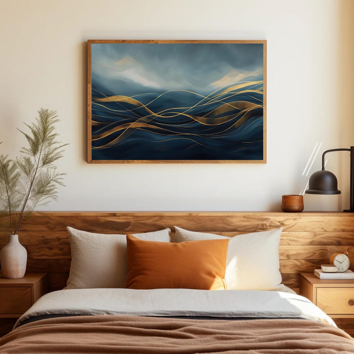 Deep Navy Ocean Waves With Gold Lines Abstract Art Painting Poster - Image 5