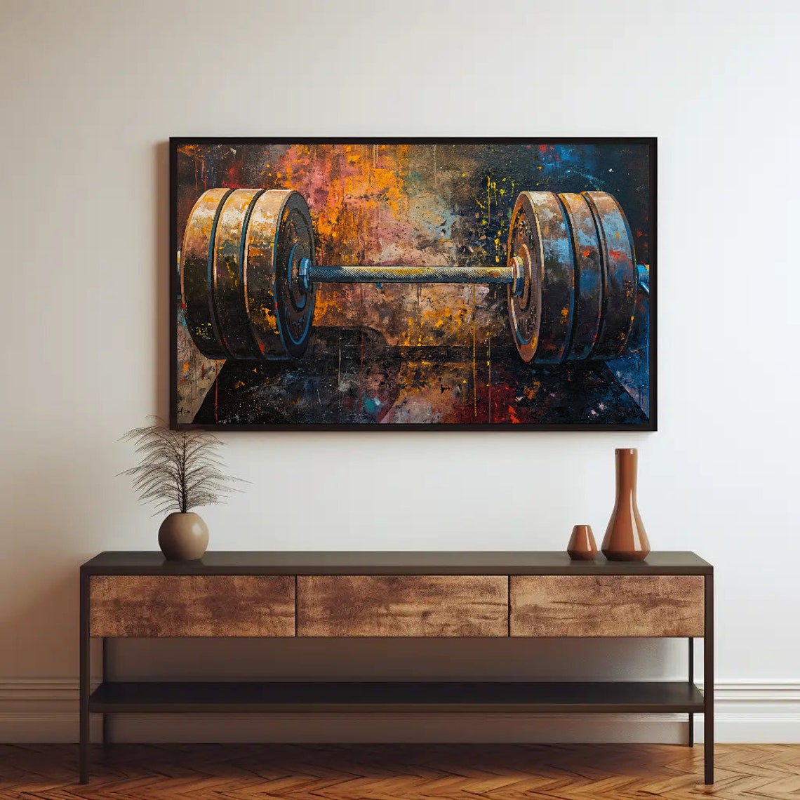 Rustic Barbell on Dark Graffiti Background Industrial Gym Decor Poster - Image 3