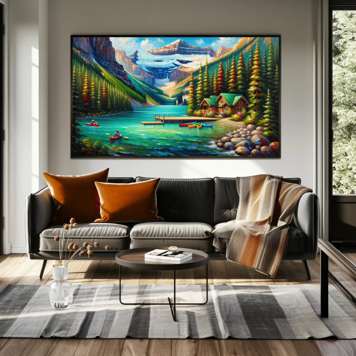 Sunny Alpine Lake Lodge With Colorful Canoes Oil Painting Poster - Image 4