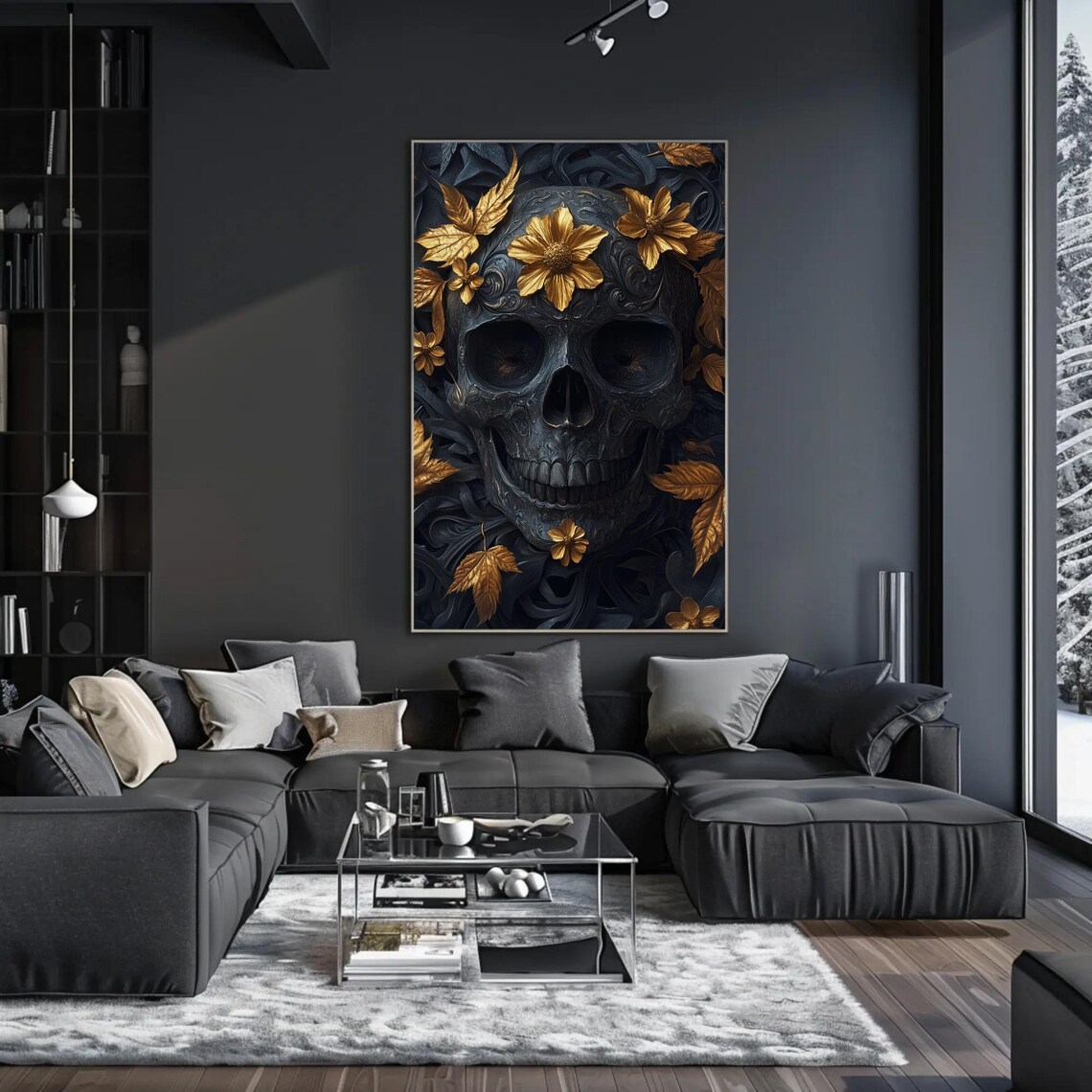 Black Carved Skull with Golden Leaves Dark Floral Gothic Poster - Image 2