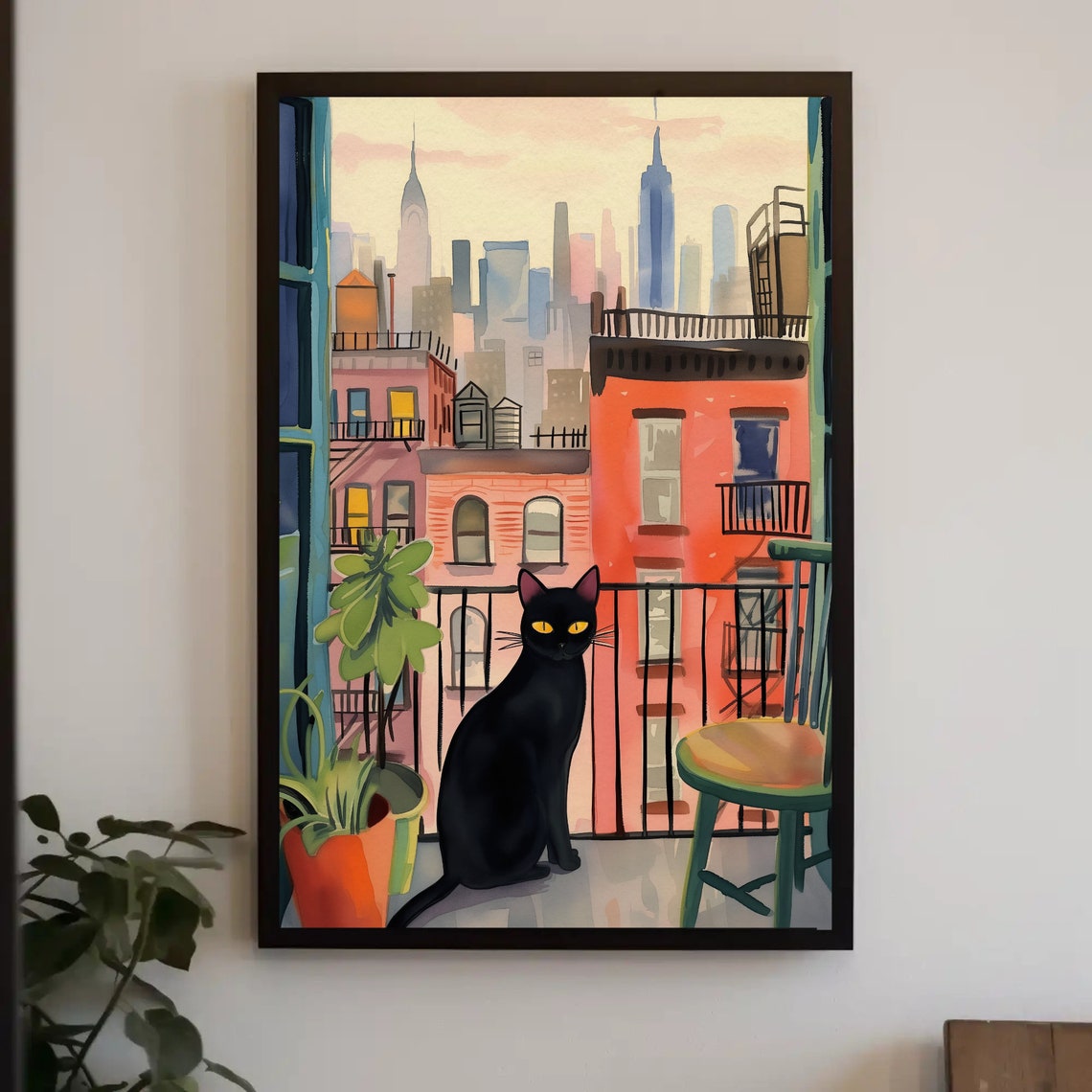Black Cat on New York Balcony Manhattan Skyline Watercolor Poster