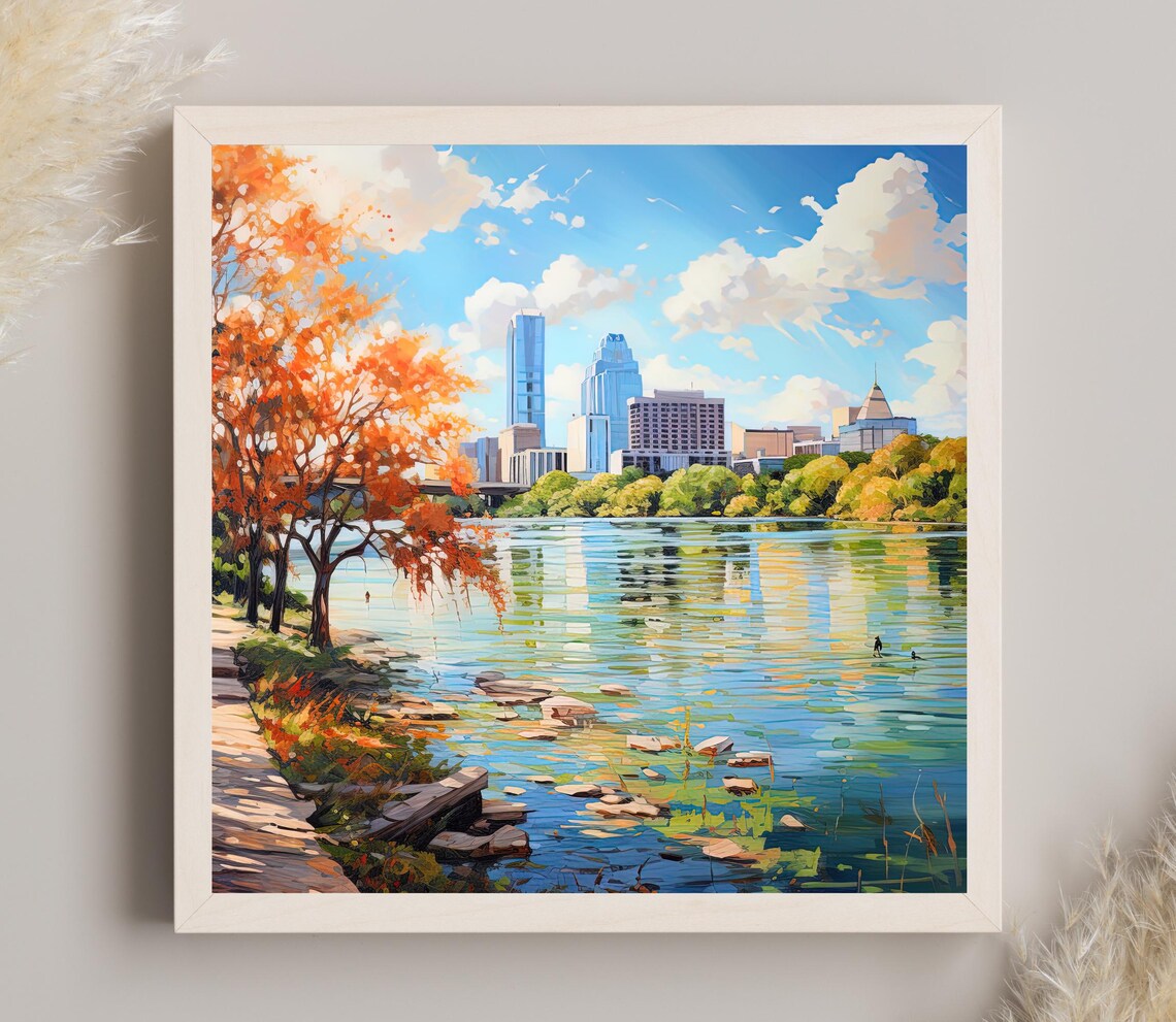 Lady Bird Lake Austin Texas Skyline Autumn Lakeside Art Poster
