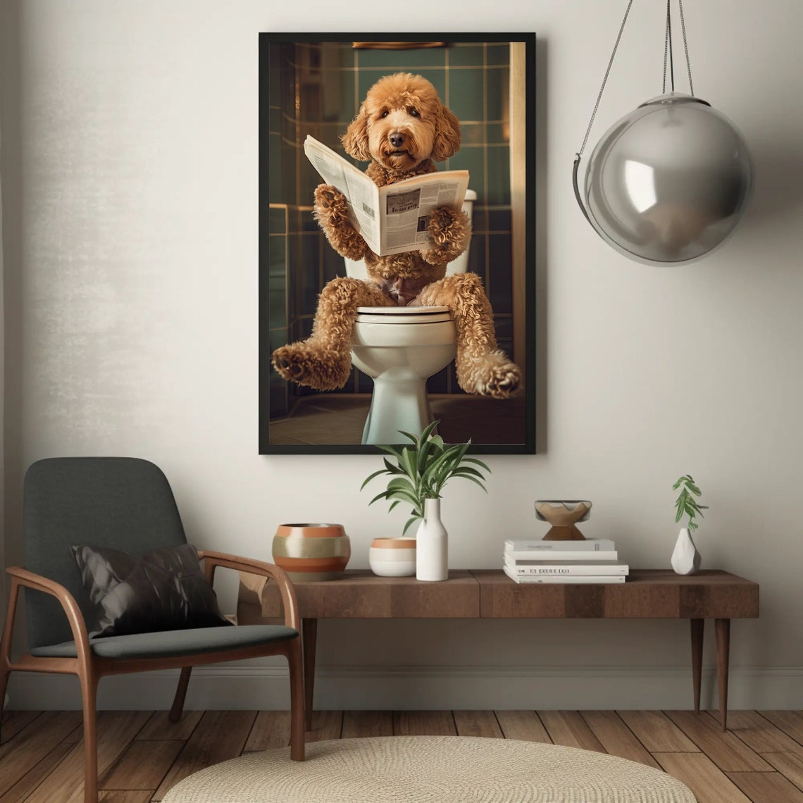 Golden Doodle Reading Newspaper on Toilet Funny Bathroom Poster - Image 4