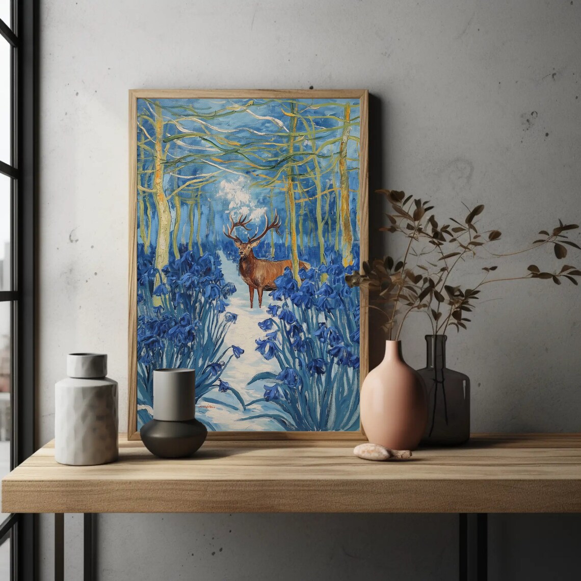 Stag Deer In Blue Snowy Forest Winter Woodland Oil Painting Poster - Image 3