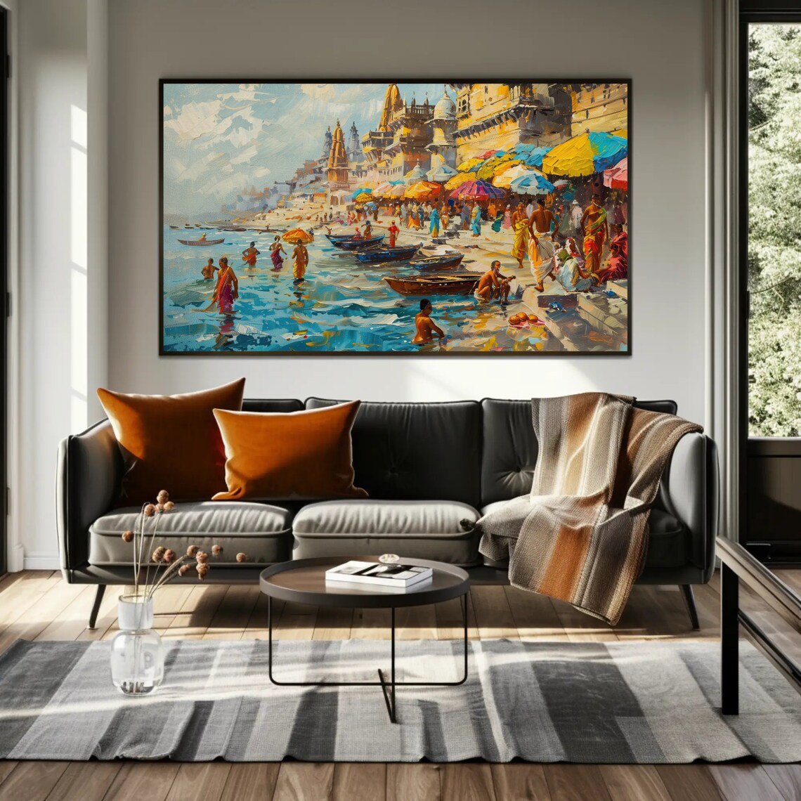 Varanasi Ghats Boats And Temples Colorful India Painting Poster - Image 3