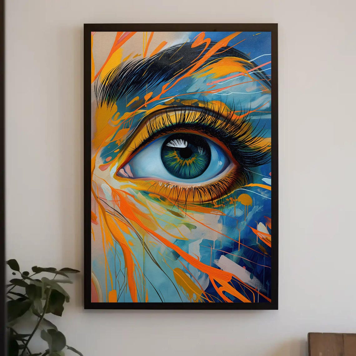 Abstract Blue Eye With Bold Orange And Gold Paint Splashes Wall Art