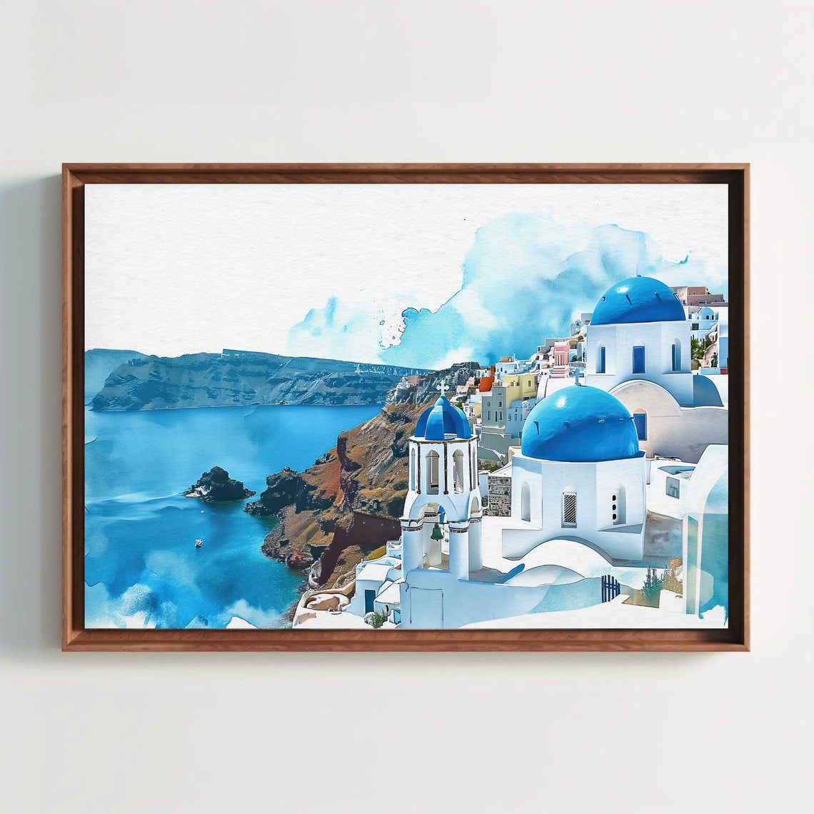 Santorini Blue Domed Churches Caldera View Watercolor Poster