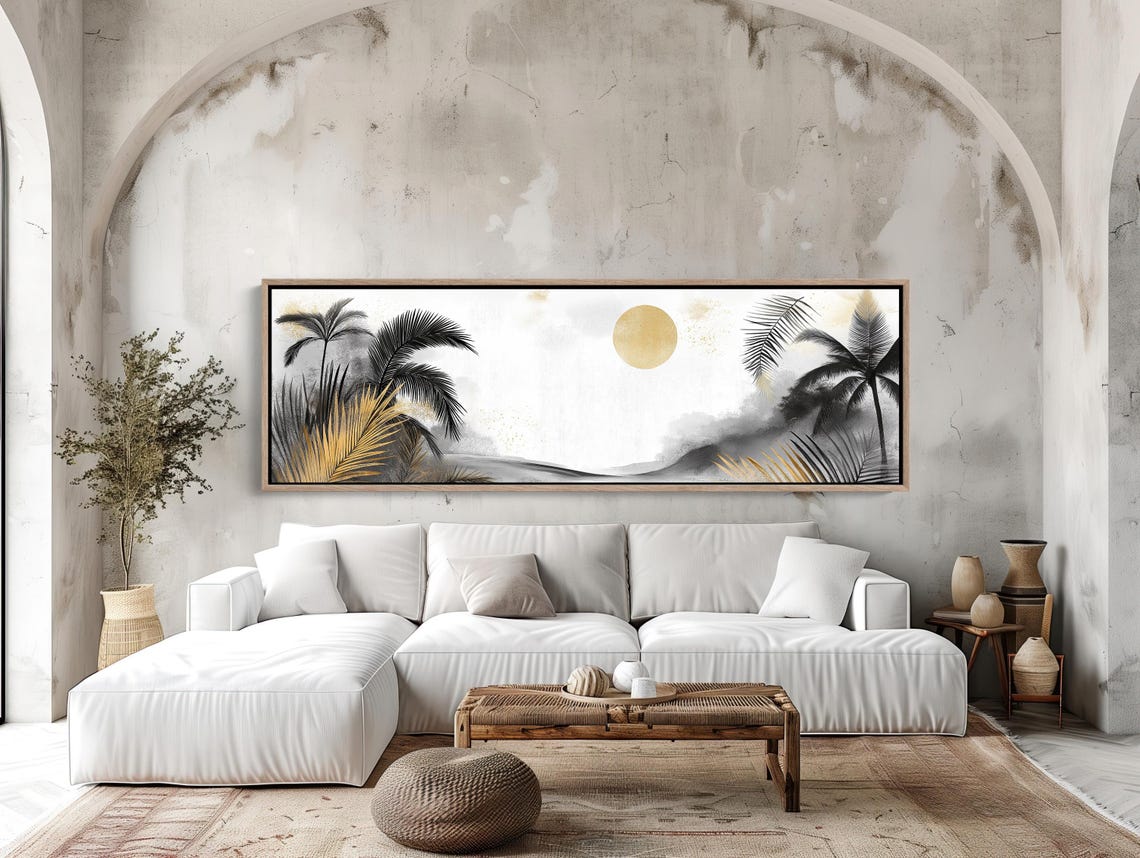 Black And Gold Tropical Palms Panoramic Beach Poster With Golden Sun - Image 3