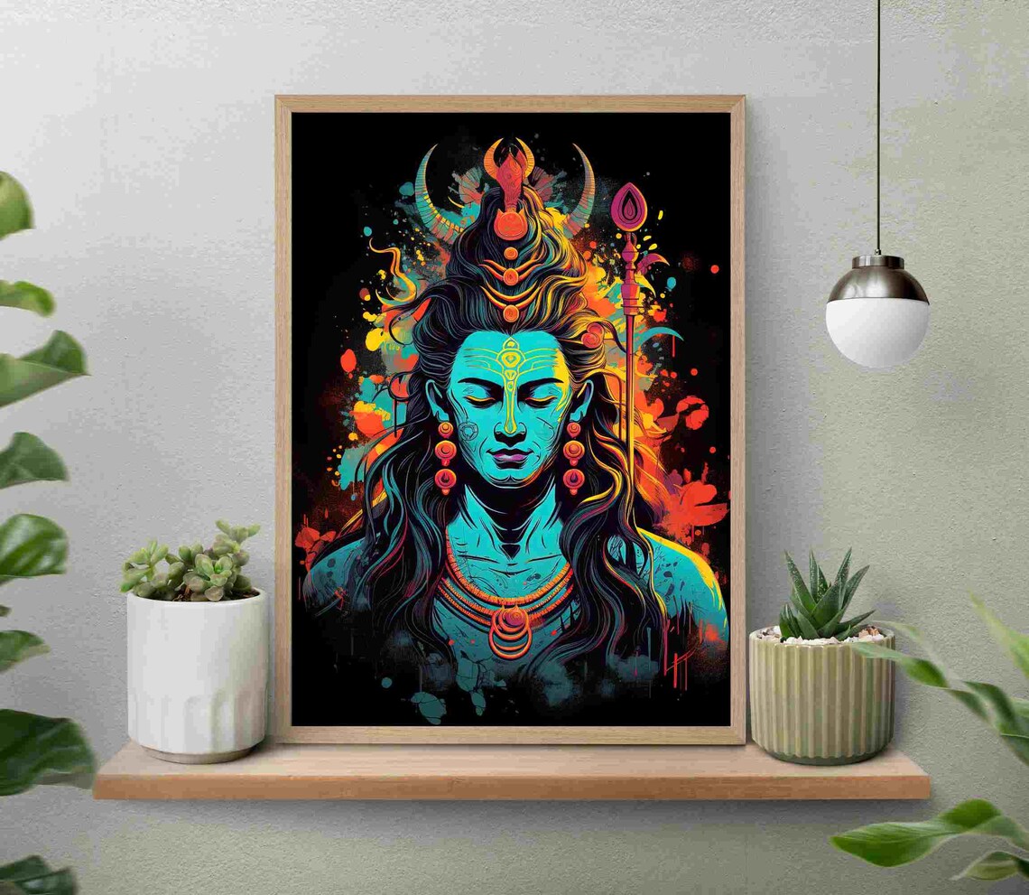 Shiva With Trident Neon Pop Art Cosmic Blue Night Portrait Poster - Image 4