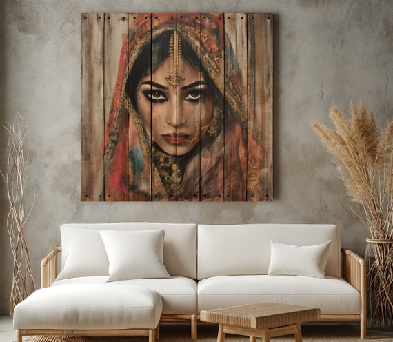 Indian Woman Wood Background Print Indian Rustic Wall Art Indian Wall Decor Modern Indian Print Unique Wall Decor Ready To Hang
