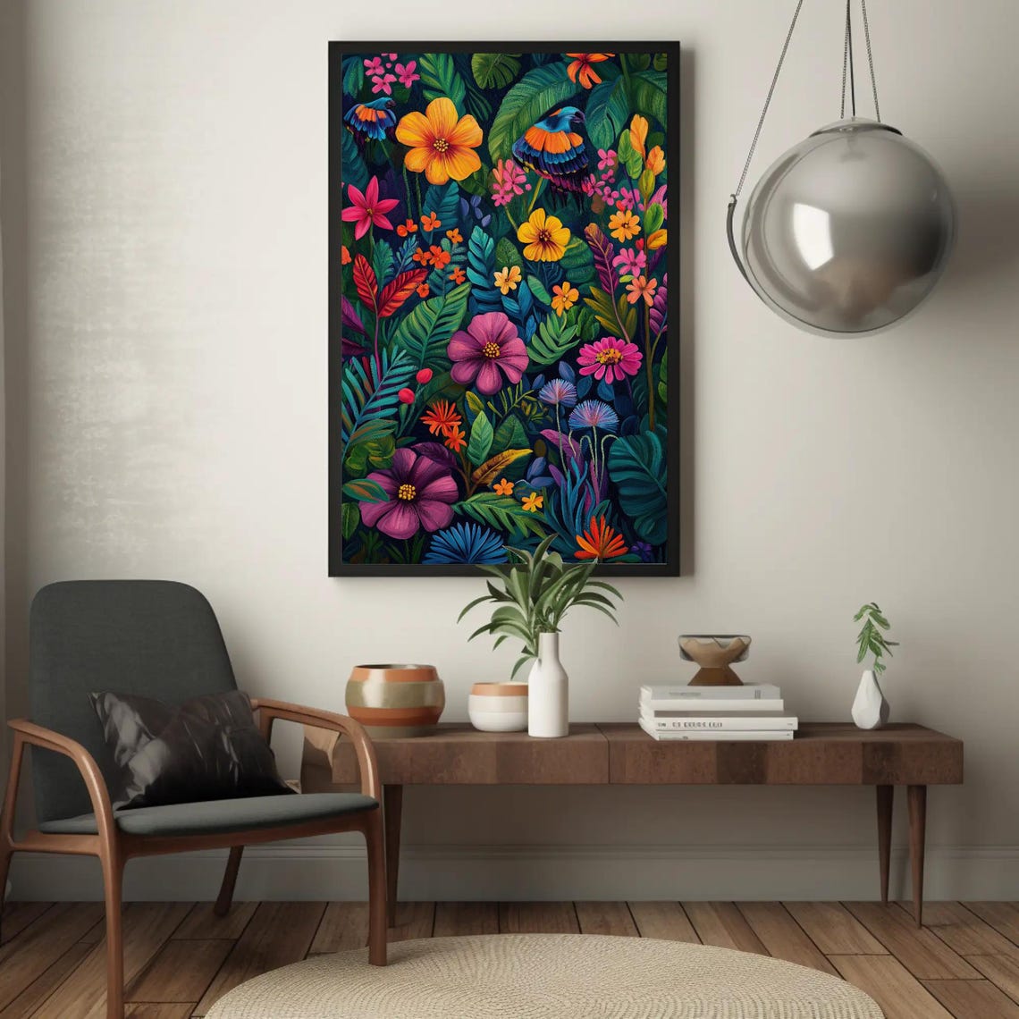 Vibrant Tropical Flowers And Colorful Parrots Vertical Wall Art - Image 3