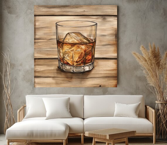 Whisky Glass With Ice On Rustic Wood Vintage Home Bar Decor Poster