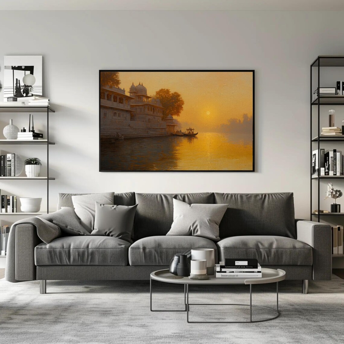 Golden Sunset Over An Indian Riverside Palace With Boats Poster - Image 2