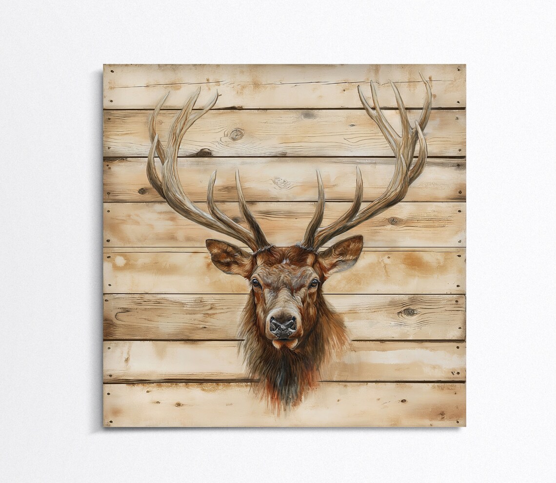 Majestic Elk Stag Head Portrait On Rustic Wood Plank Cabin Poster