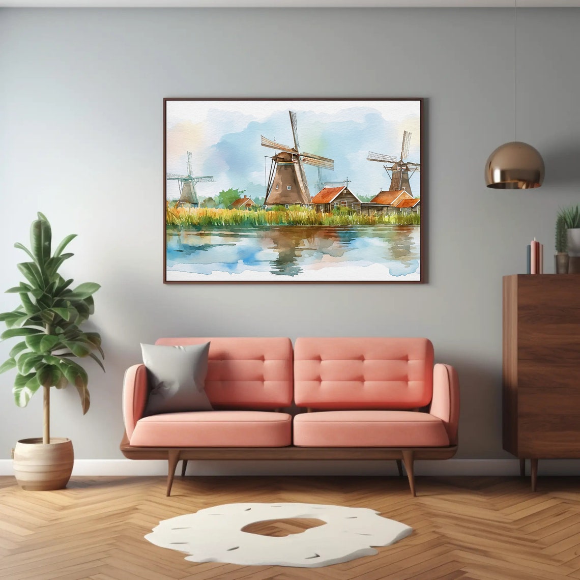 Dutch Windmills River Reflections Watercolor Countryside Poster - Image 4