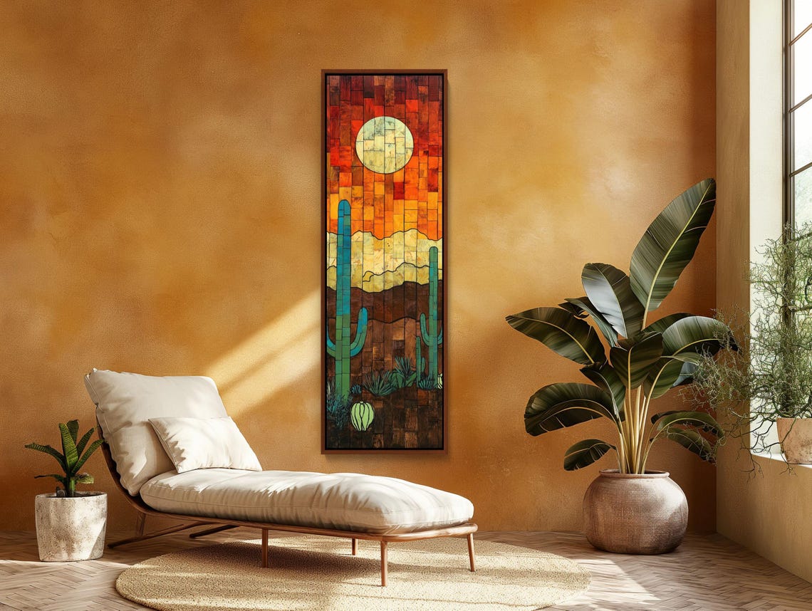 Mosaic Style Desert Sunset With Saguaro Cacti Vertical Poster