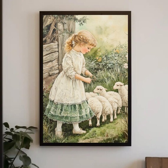 Vintage Little Shepherdess Girl Feeding Her Lambs in Spring Poster