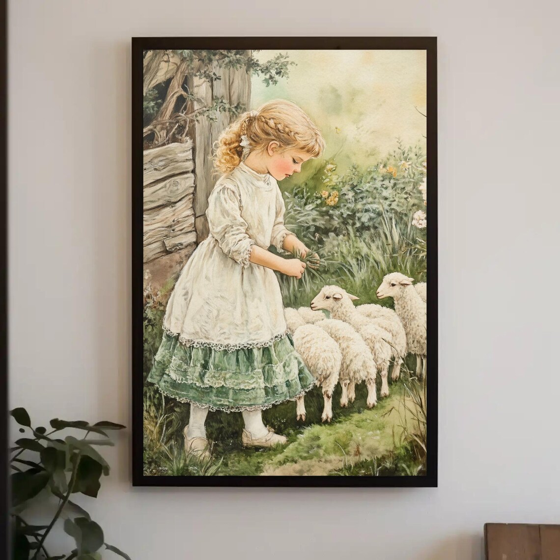 Vintage Little Shepherdess Girl Feeding Her Lambs in Spring Poster