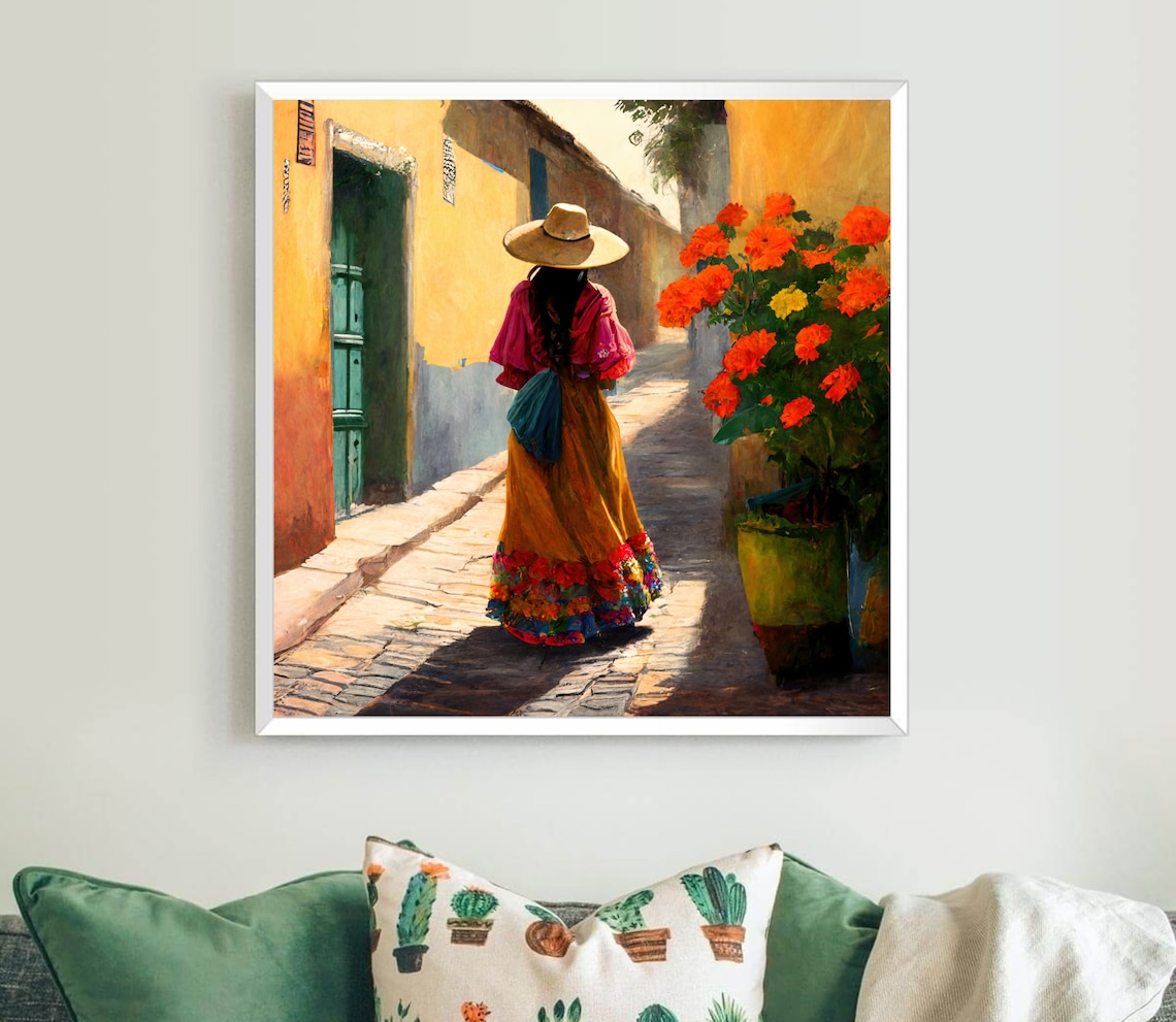 Mexican Woman In Folk Dress Marigold Alley Sombrero Art Poster
