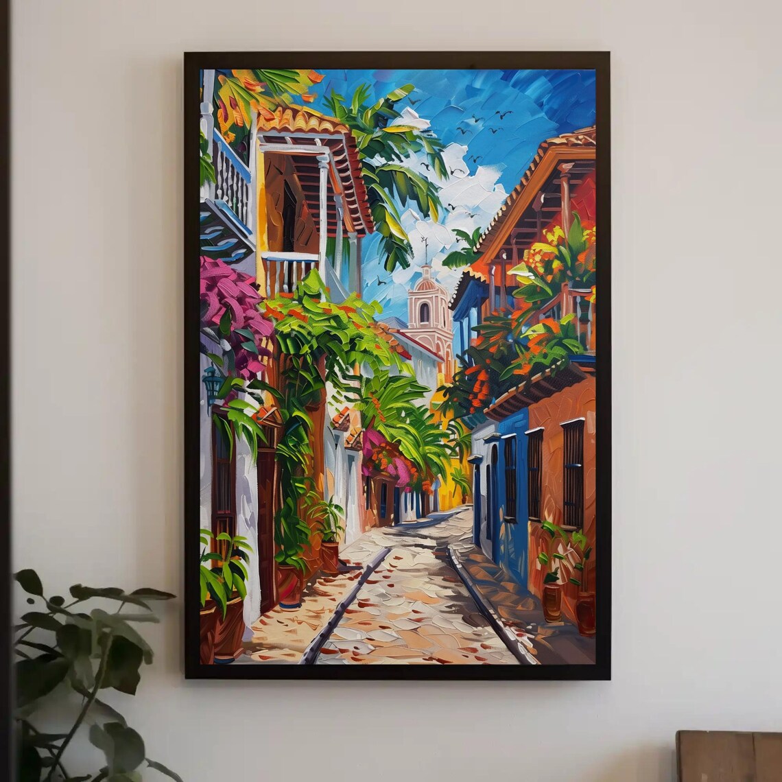 Cartagena Street Oil Painting Print, Rustic Decor