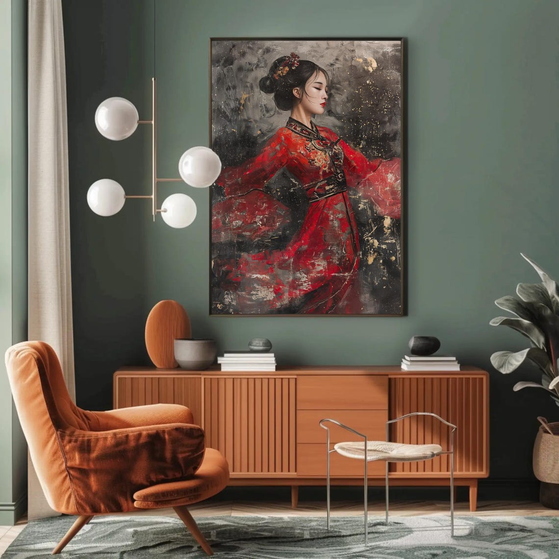 Chinese Woman In Red Dress Print Abstract Asian Portrait Painting Elegant Cultural Wall Art Living Room Chinese Restaurant Decor - Image 3