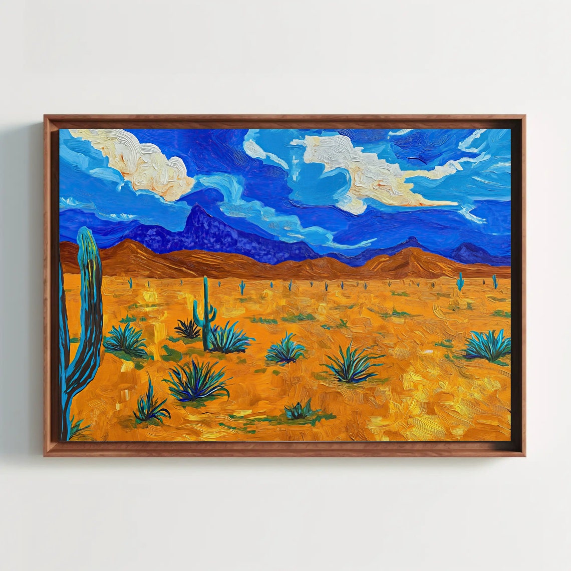 Golden Desert Cactus Field Blue Mountain Impasto Landscape Poster
