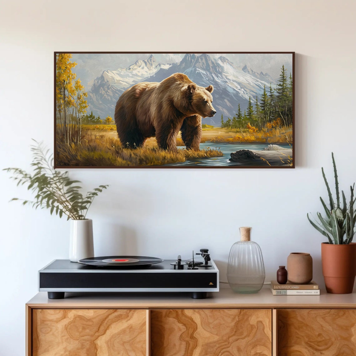 Grizzly Bear By Mountain River In Autumn Rustic Wildlife Art Poster - Image 5