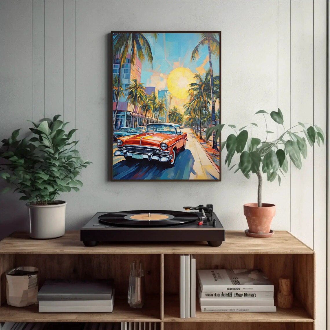 Miami Street Oil Painting With Red Classic Car Sunshine Poster - Image 4