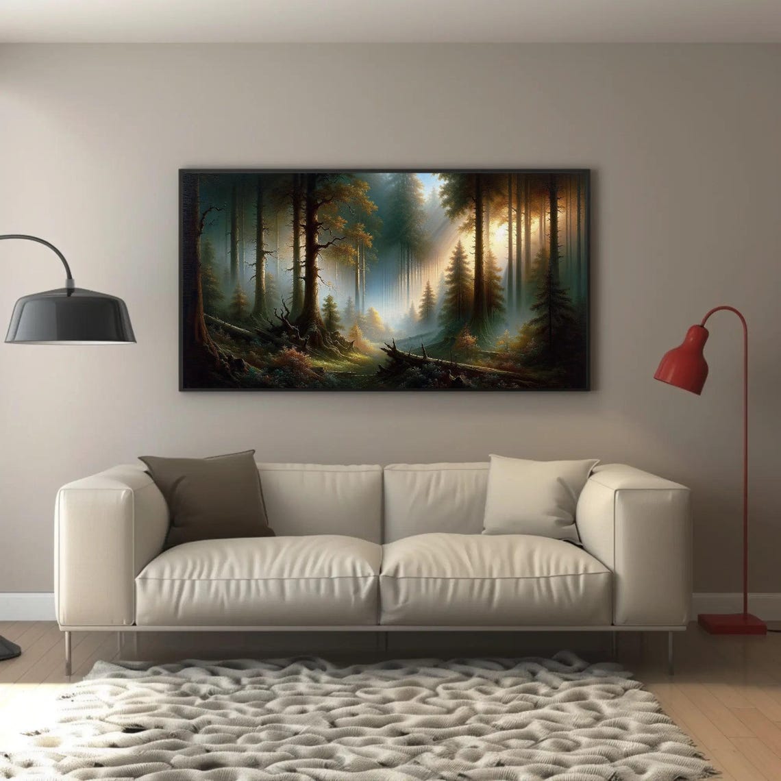 Sunbeams Breaking Through Dark Ancient Forest Oil Painting Poster - Image 2