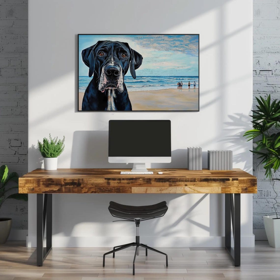 Big Black Dog On The Beach Whimsical Coastal Pet Painting Poster - Image 3