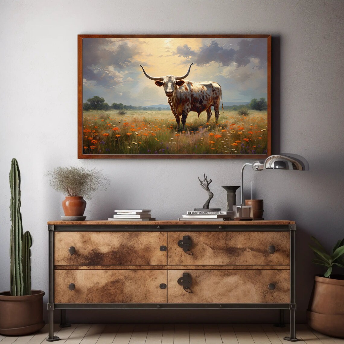 Texas Longhorn Cow in Wildflower Meadow Under Stormy Sky Poster - Image 3