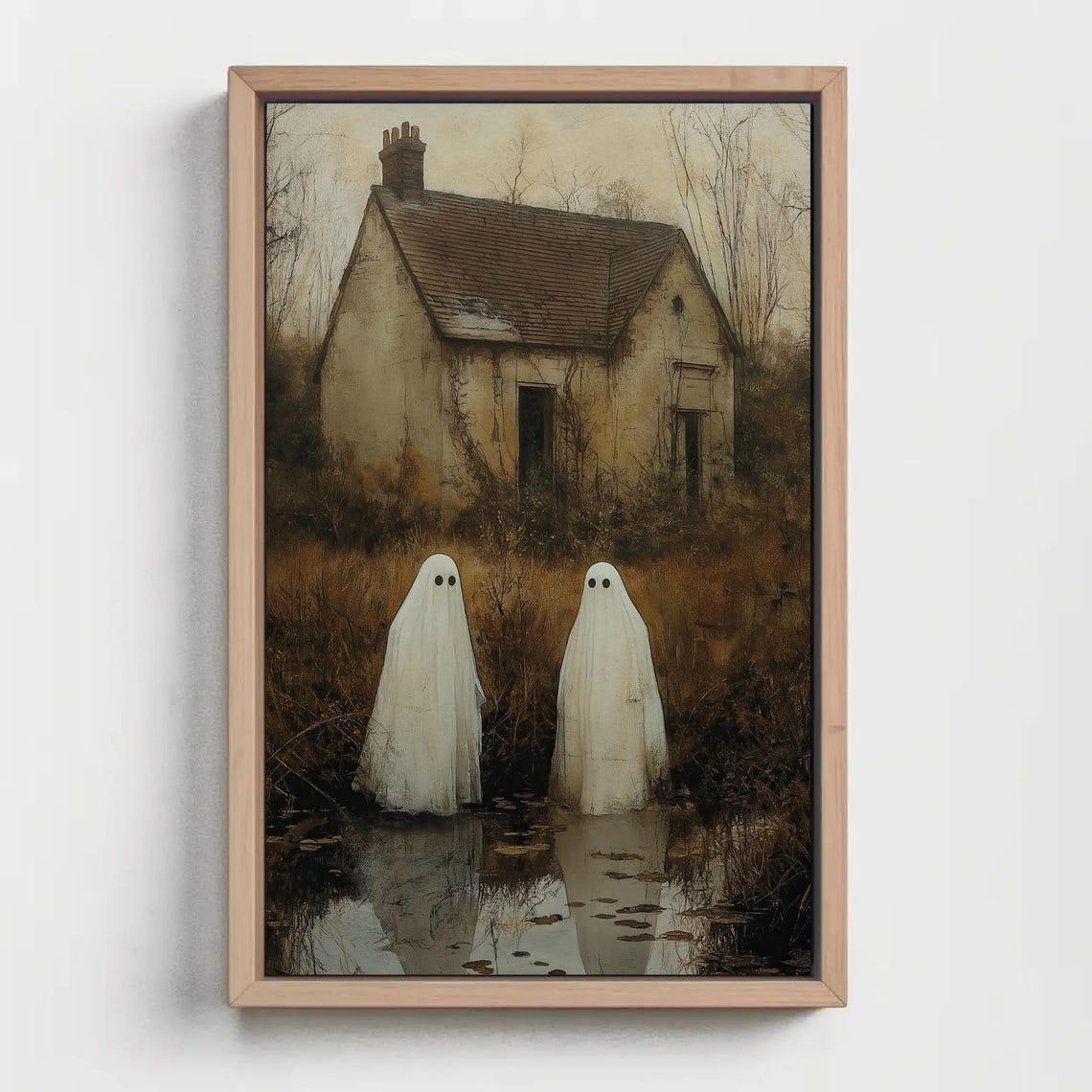 Two Ghosts Abandoned Cottage Pond Reflection Halloween Poster - Image 2