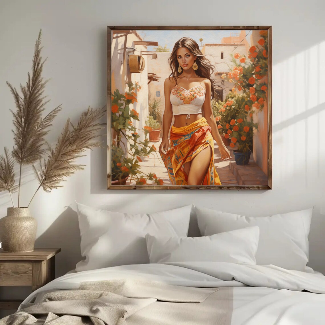 Sunlit Mexican Woman Strolling a Flower Filled Village Alley Poster - Image 4