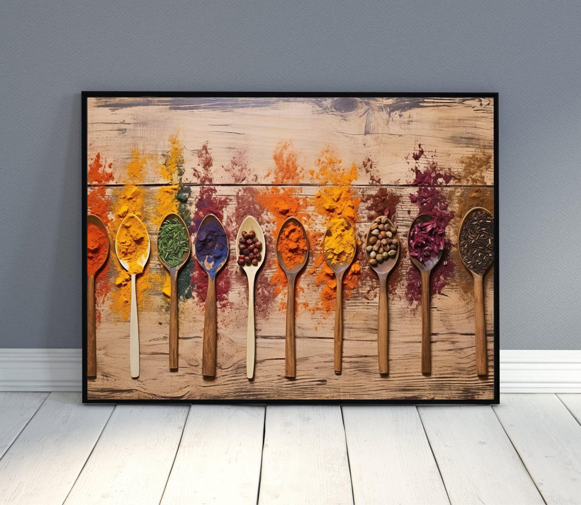 Colorful Spices in Wooden Spoons on Rustic Wood Kitchen Art Poster - Image 2