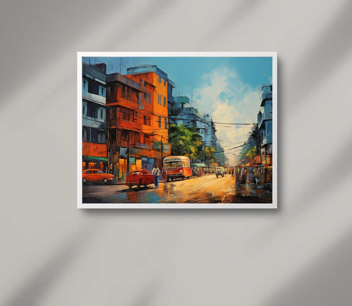 Kolkata Street Scene With Buses Oil Painting in Golden Light Poster - Image 2