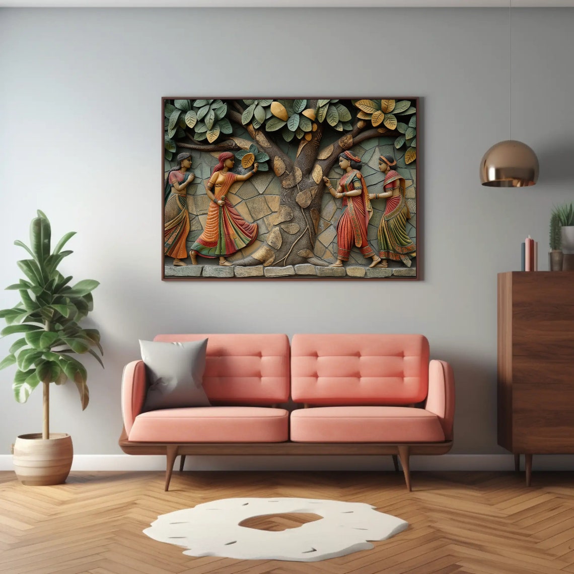 Four Indian Women Under the Old Tree 3D Relief Sculpture Poster - Image 4