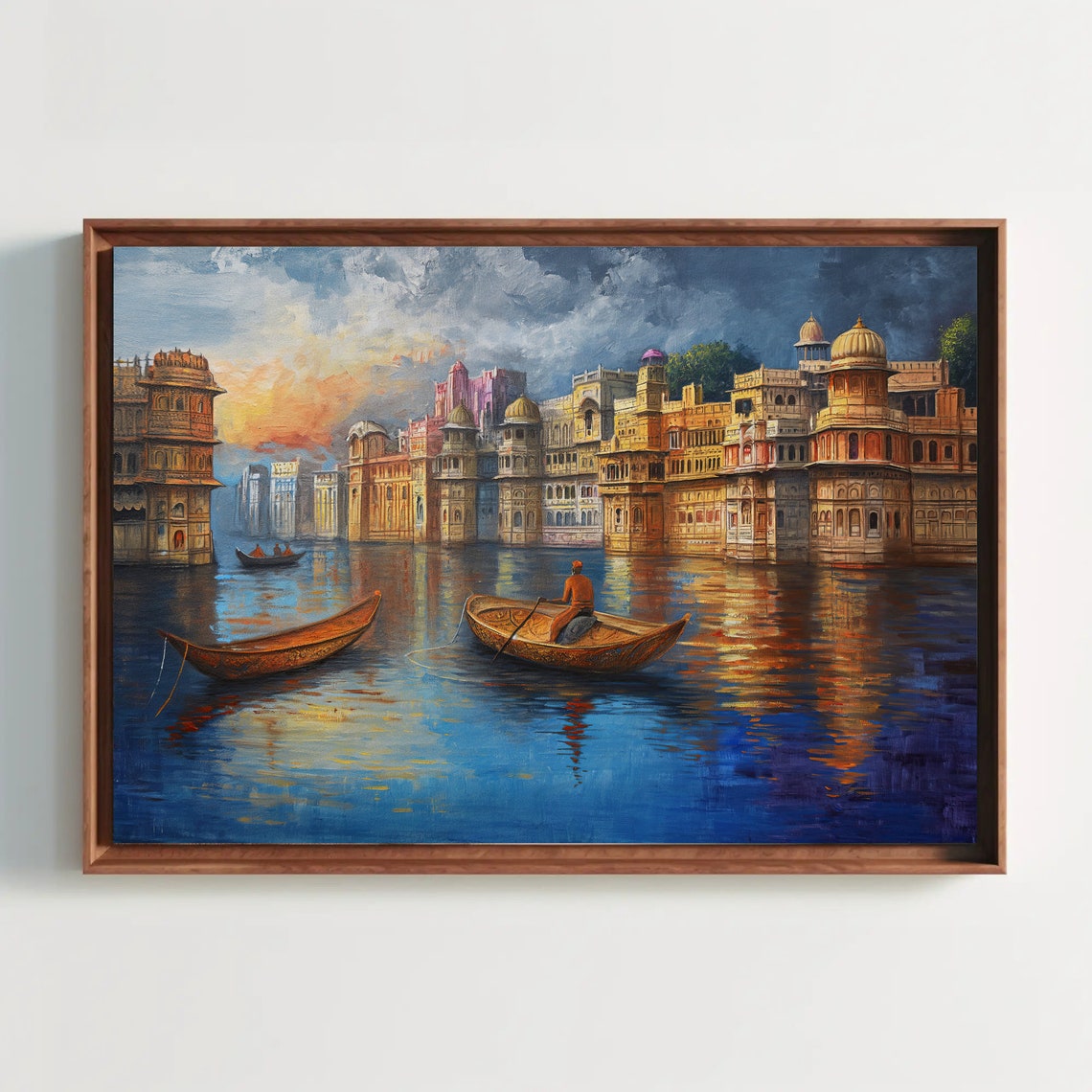 Dusk Boats On Indian River Ghats Riverside Cityscape Painting Poster