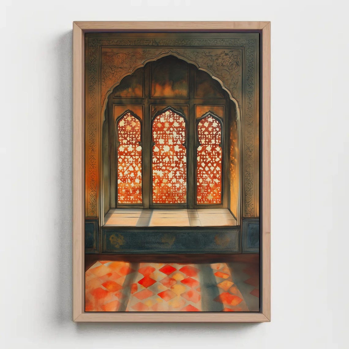 Rajasthani Haveli Window with Glowing Red Jaali Lattice Screens Poster - Image 2