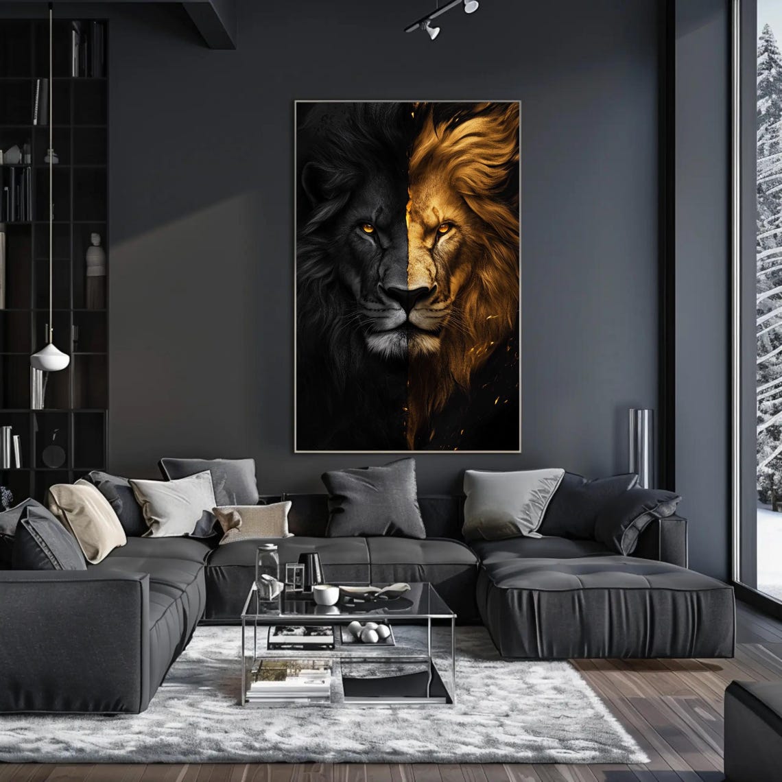 Dramatic Black And Gold Split Lion Face Majestic Wildlife Poster - Image 4