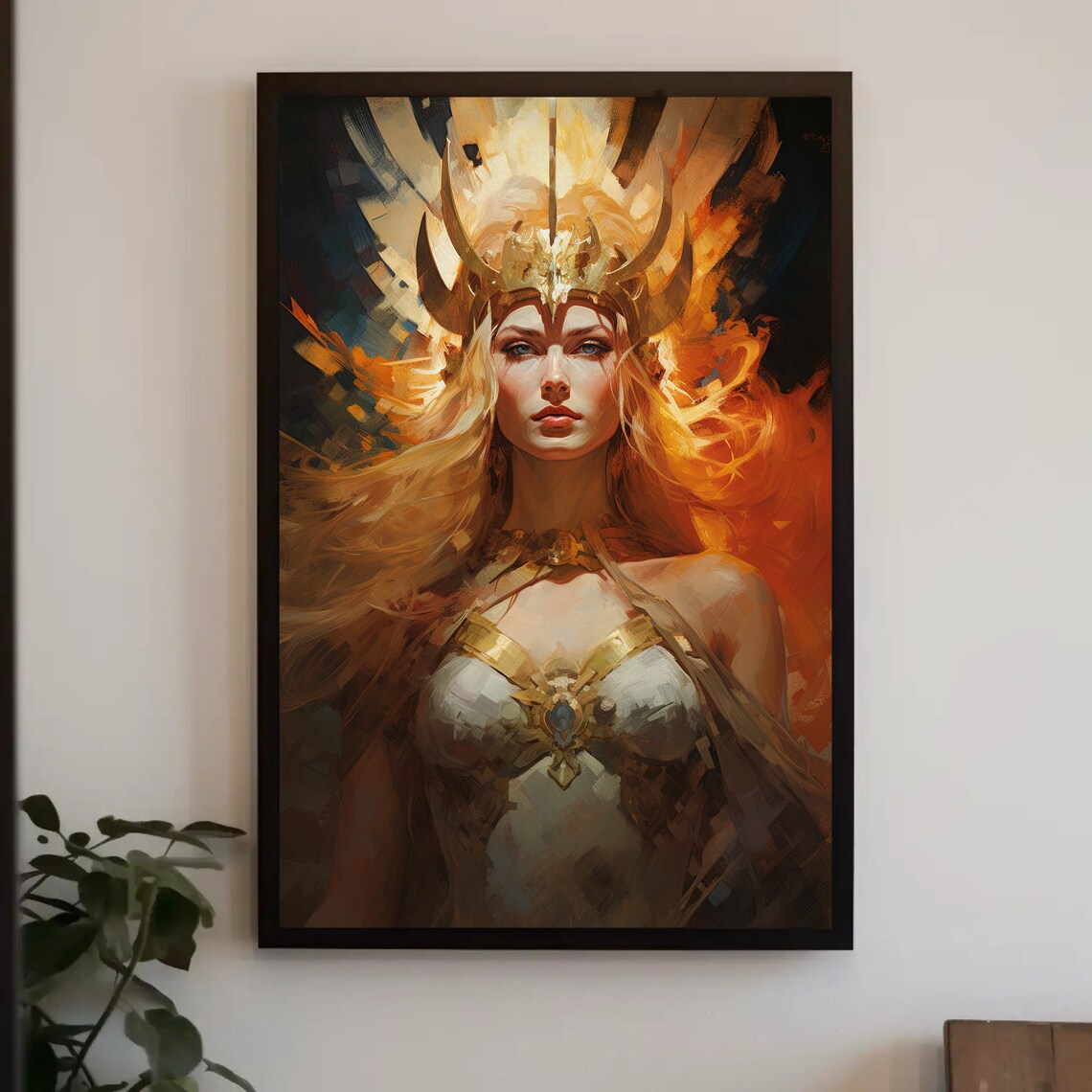 Goddess Freyja Portrait Golden Horned Crown Fiery Norse Poster