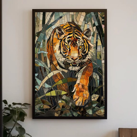Tiger Mosaic Stained Glass Style Jungle Cubism Animal Poster