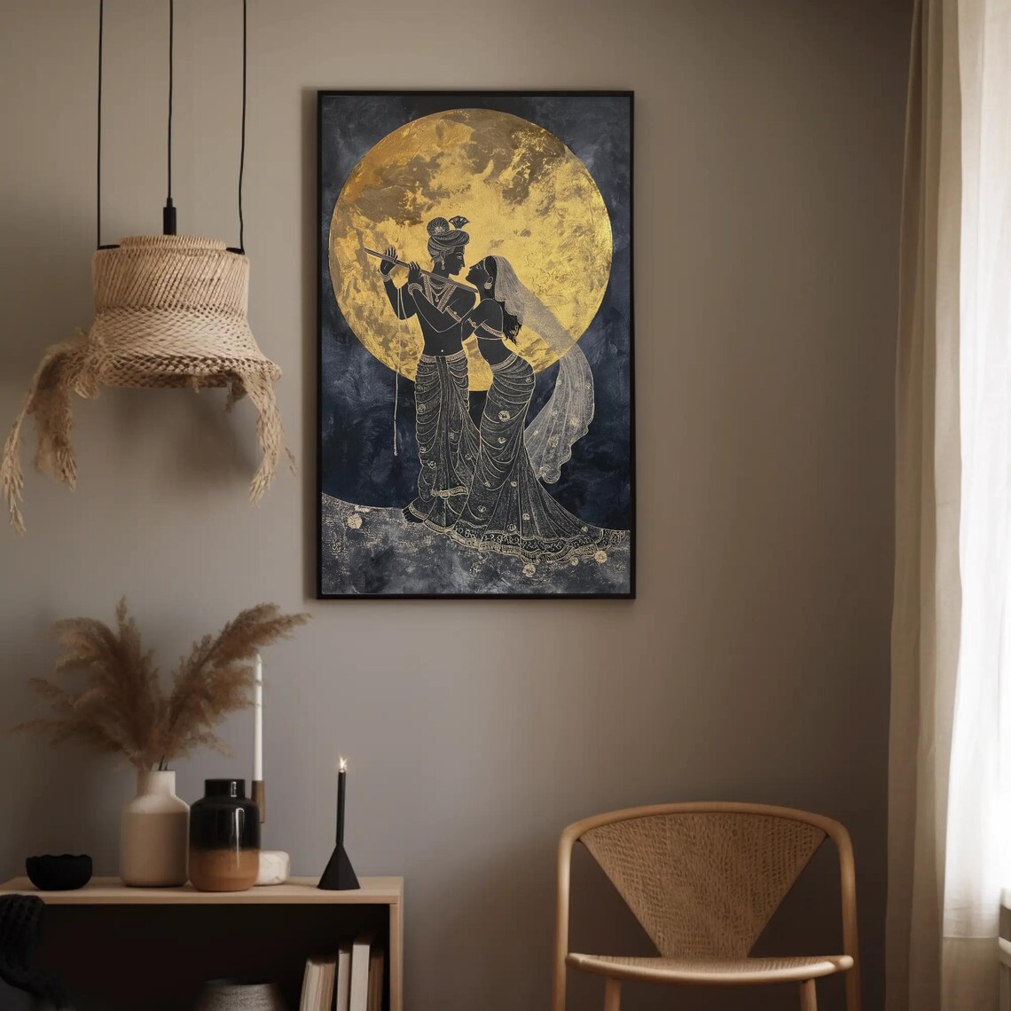 Radha Krishna Under Golden Moon Art Print - Image 3
