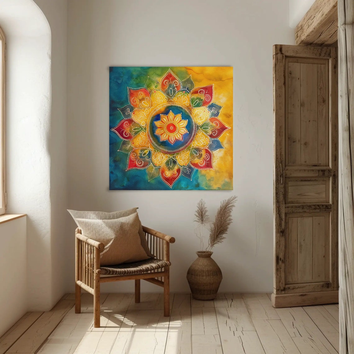 Watercolor Rangoli Mandala Teal Gold Indian Decor Square Poster - Image 4