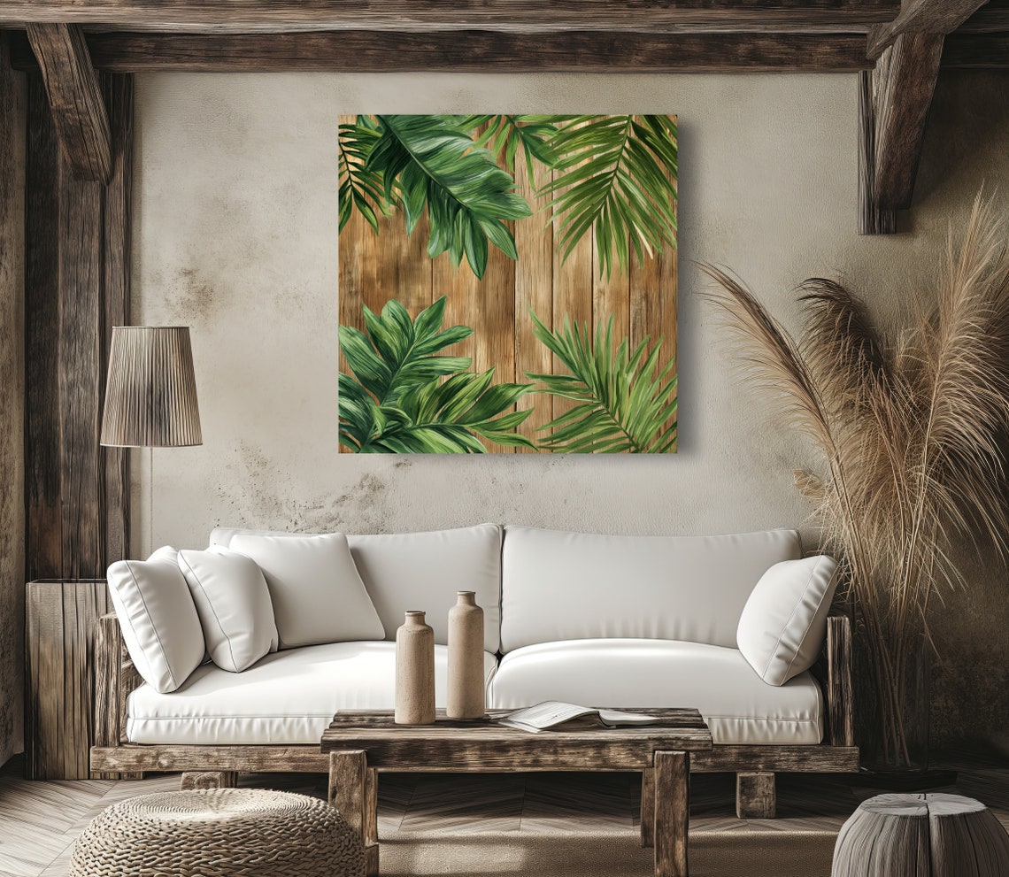 Tropical Green Palm Leaf Painting on Rustic Wood Farmhouse Poster - Image 4