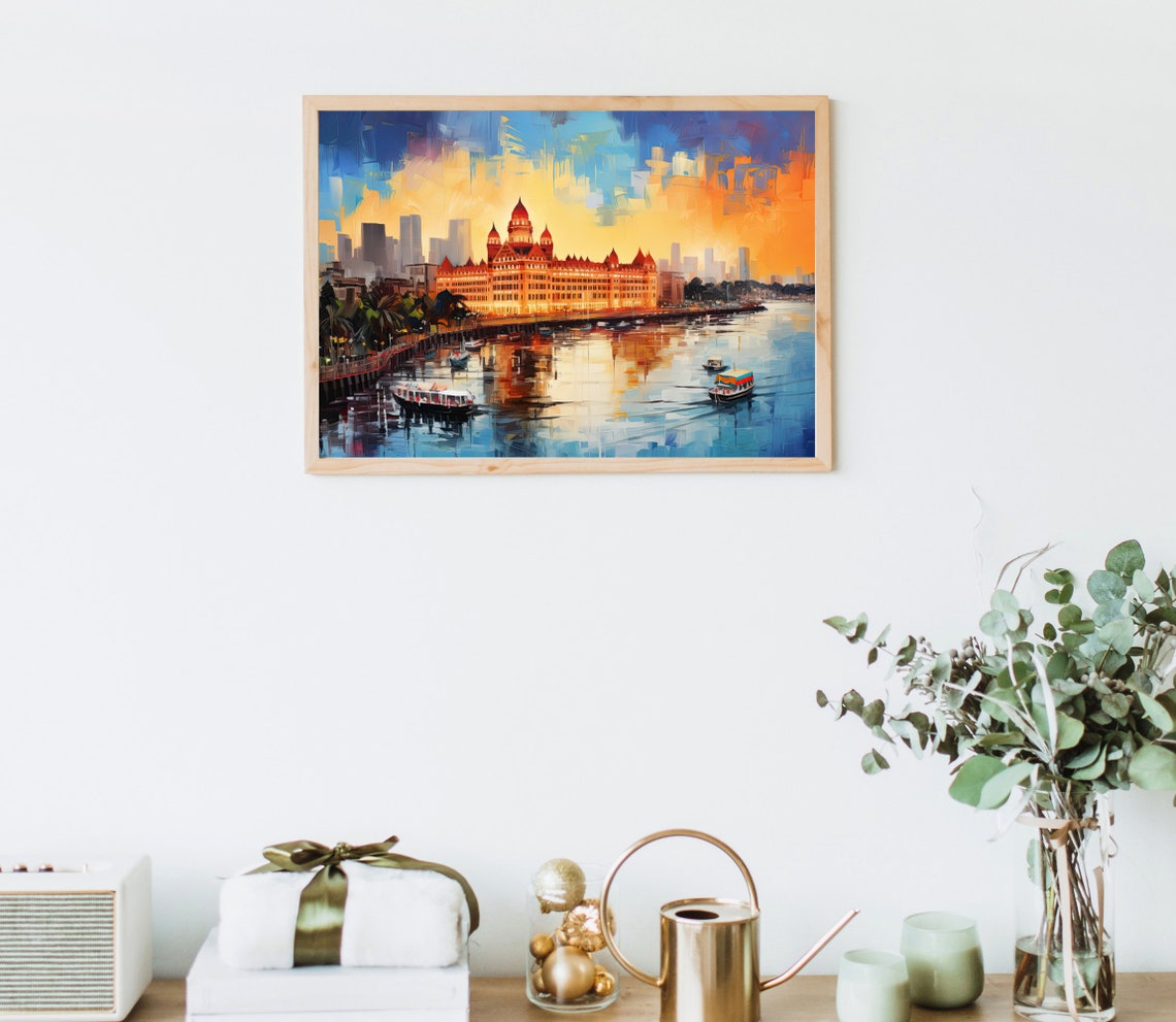 Mumbai Taj Mahal Palace Hotel Harbour Sunset Oil Painting Poster - Image 5